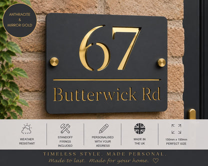 House Number Sign Black & Gold Address Plaque Personalised | Modern Door Number Sign | Matt Black and Mirror Gold Acrylic House Sign UK