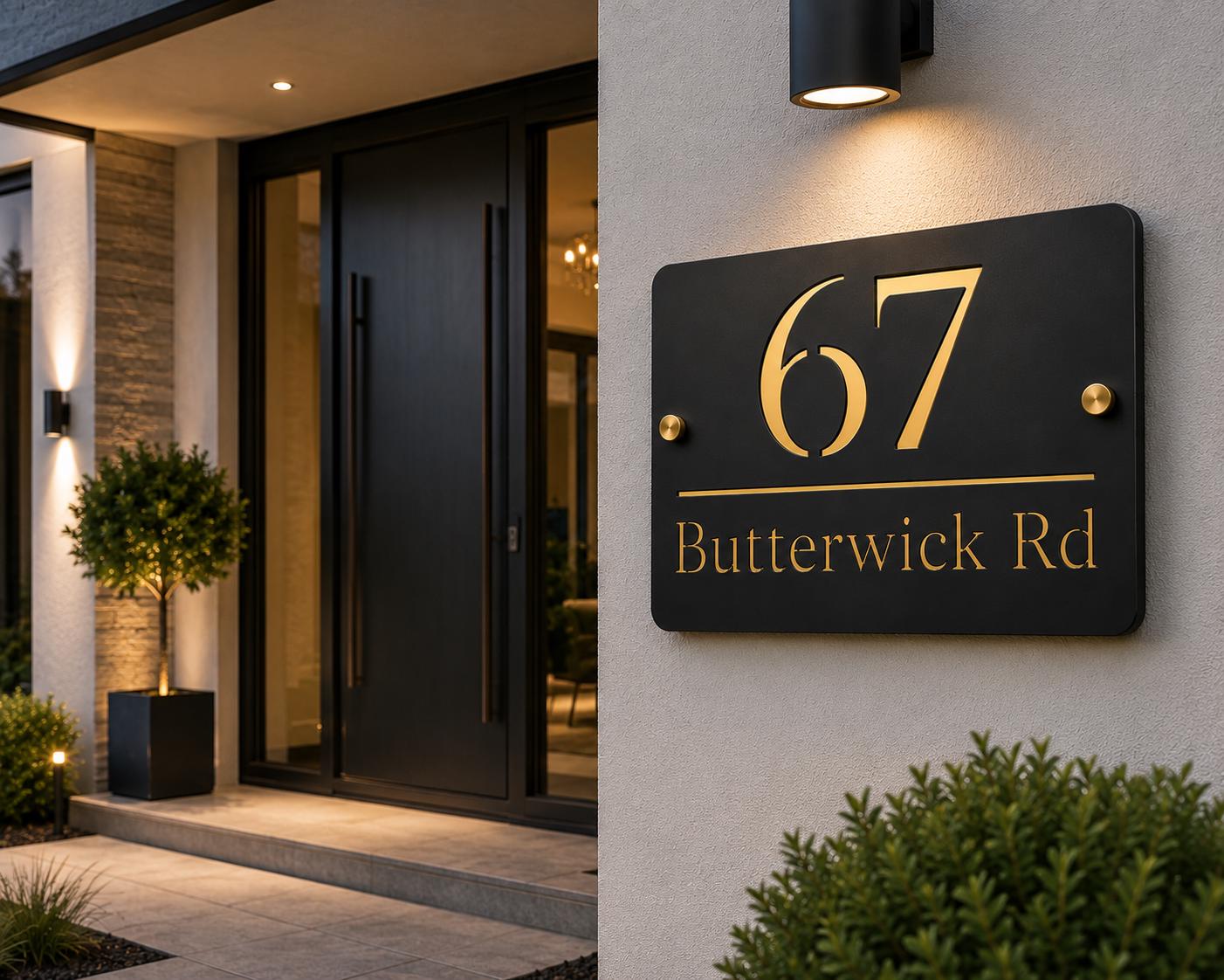 House Number Sign Black & Gold Address Plaque Personalised | Modern Door Number Sign | Matt Black and Mirror Gold Acrylic House Sign UK