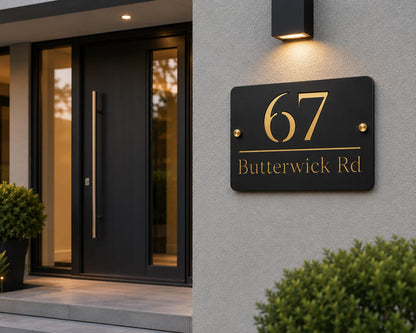 House Number Sign Black & Gold Address Plaque Personalised | Modern Door Number Sign | Matt Black and Mirror Gold Acrylic House Sign UK