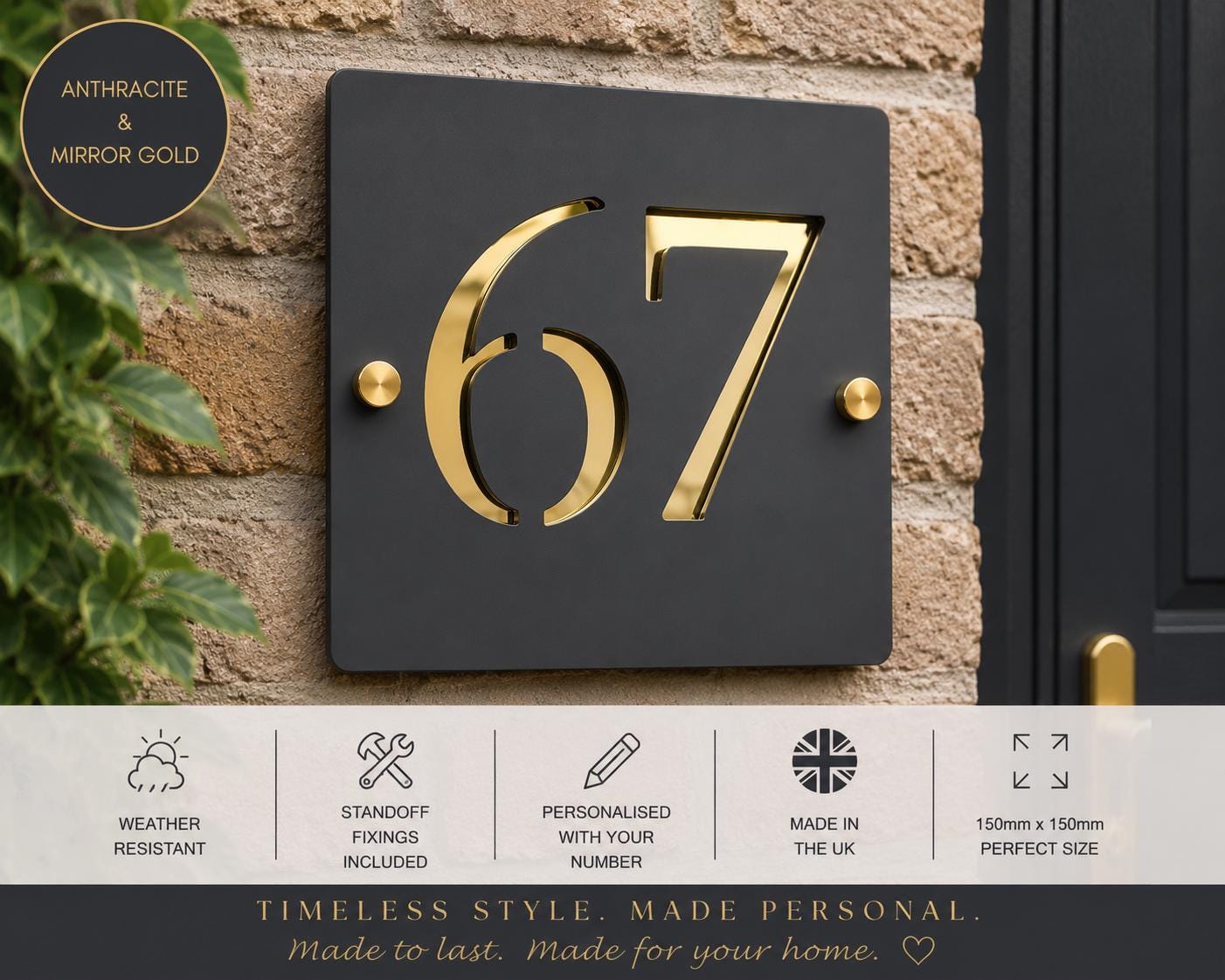 House Number Sign Black & Gold Address Plaque Personalised | Modern Door Number Sign | Matt Black and Mirror Gold Acrylic House Sign UK