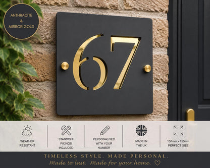House Number Sign Black & Gold Address Plaque Personalised | Modern Door Number Sign | Matt Black and Mirror Gold Acrylic House Sign UK