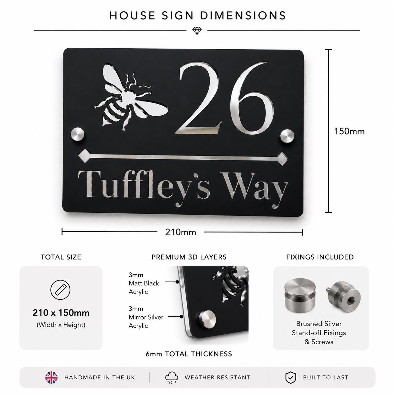 Personalised House Sign UK | Black & Mirror Silver Door Number Sign | Bee Address Plaque | Modern Acrylic House Number Sign | 210 x 150mm