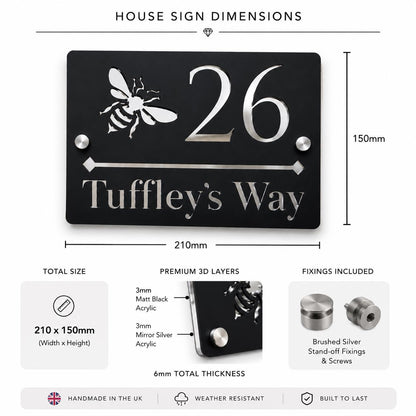 Personalised House Sign UK | Black & Mirror Silver Door Number Sign | Bee Address Plaque | Modern Acrylic House Number Sign | 210 x 150mm