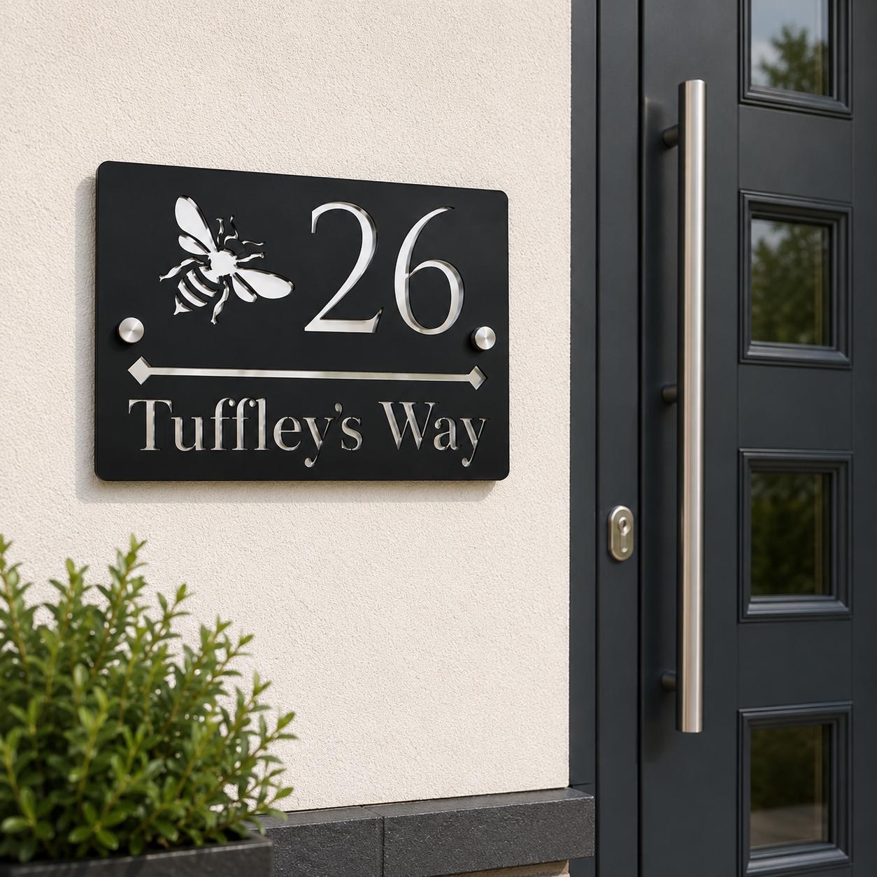 Personalised House Sign UK | Black & Mirror Silver Door Number Sign | Bee Address Plaque | Modern Acrylic House Number Sign | 210 x 150mm