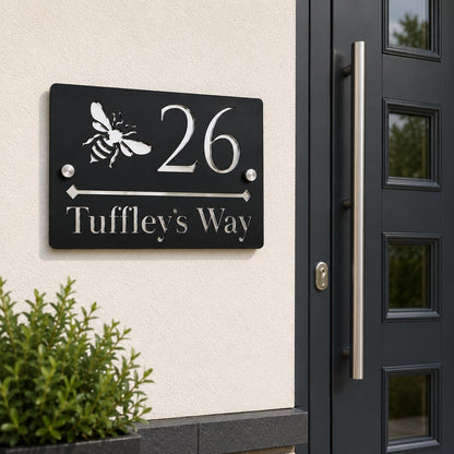 Personalised House Sign UK | Black & Mirror Silver Door Number Sign | Bee Address Plaque | Modern Acrylic House Number Sign | 210 x 150mm