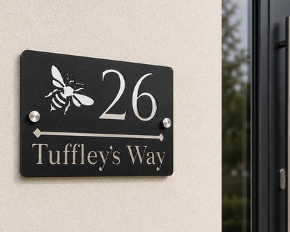 Personalised House Sign UK | Black & Mirror Silver Door Number Sign | Bee Address Plaque | Modern Acrylic House Number Sign | 210 x 150mm