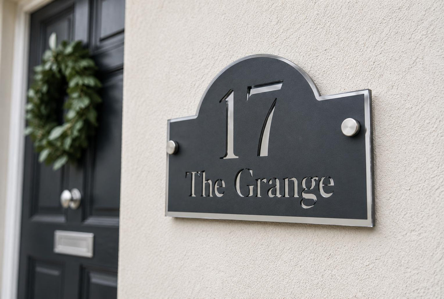 Personalised House Sign UK – Anthracite Grey & Mirror Silver Door Number Sign – Modern Acrylic Address Plaque with Standoff Fixings