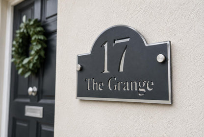 Personalised House Sign UK – Anthracite Grey & Mirror Silver Door Number Sign – Modern Acrylic Address Plaque with Standoff Fixings