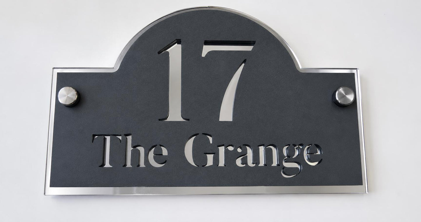 Personalised House Sign UK – Anthracite Grey & Mirror Silver Door Number Sign – Modern Acrylic Address Plaque with Standoff Fixings