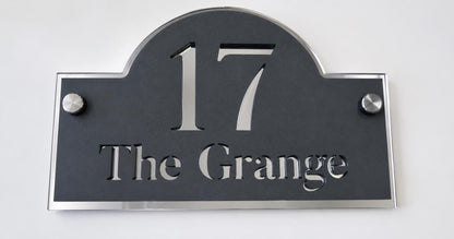 Personalised House Sign UK – Anthracite Grey & Mirror Silver Door Number Sign – Modern Acrylic Address Plaque with Standoff Fixings