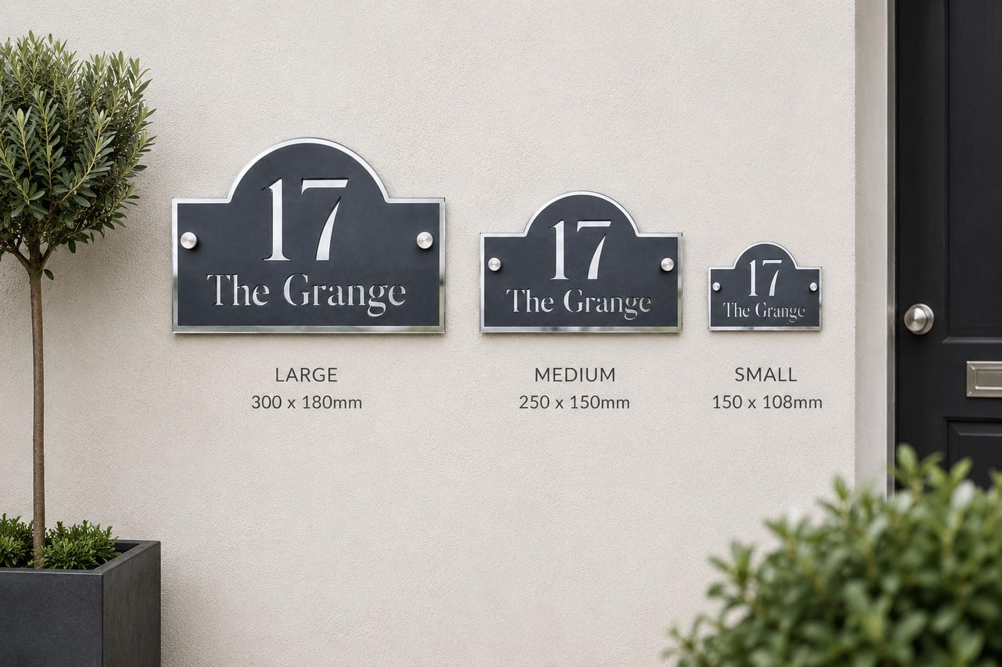 Personalised House Sign UK – Anthracite Grey & Mirror Silver Door Number Sign – Modern Acrylic Address Plaque with Standoff Fixings