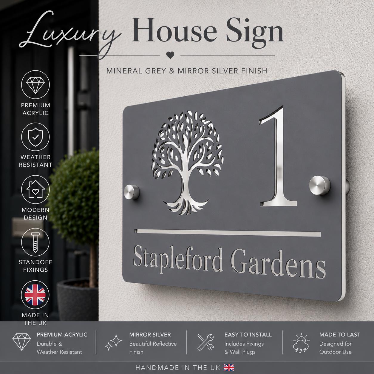 Personalised House Sign UK | Mineral Grey & Mirror Silver Acrylic House Number Sign | Modern Address Plaque | Outdoor Door Sign