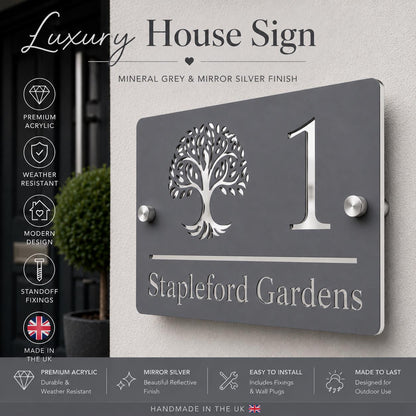 Personalised House Sign UK | Mineral Grey & Mirror Silver Acrylic House Number Sign | Modern Address Plaque | Outdoor Door Sign