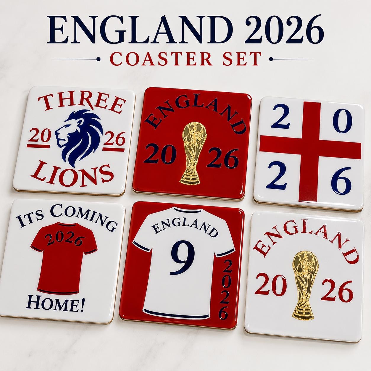 World Cup 2026 Coasters Set | Acrylic England Football Fan Coasters | Three Lions 2026 | England Supporters Gift | High Gloss