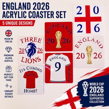England 2026 Football Coasters Set | Acrylic England Fan Coasters | Three Lions World Cup 2026 | England Supporters Gift | High Gloss