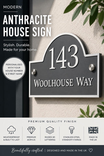 Mineral Grey House Sign Personalised Address Plaque Door Number Sign UK Acrylic Standoff Fixings