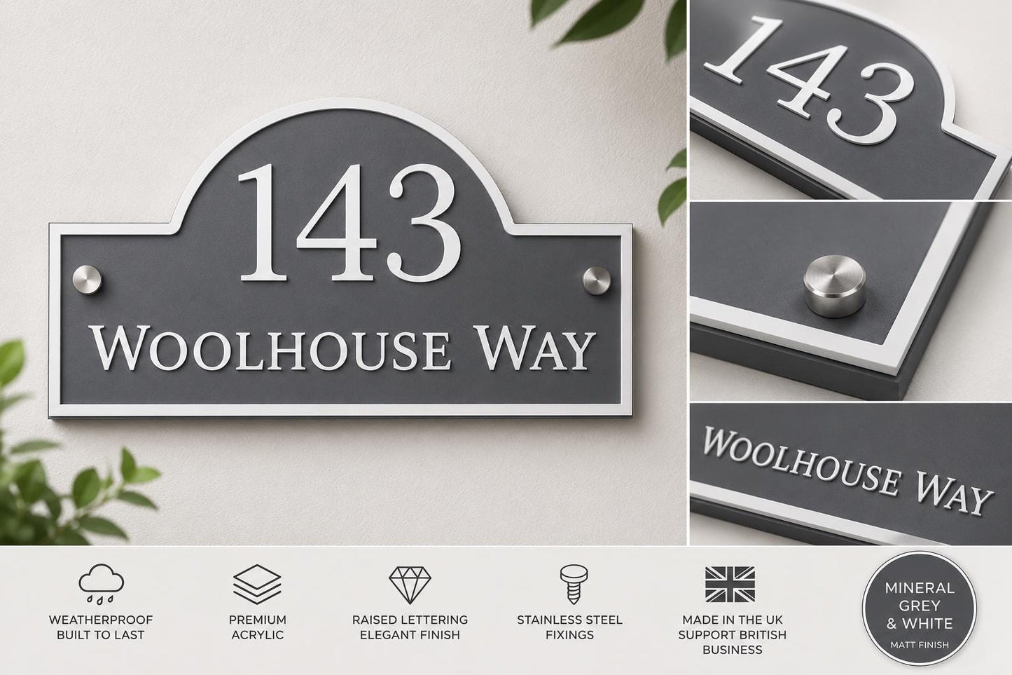 Mineral Grey House Sign Personalised Address Plaque Door Number Sign UK Acrylic Standoff Fixings