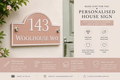 Personalised Rose Petal Pink House Sign | Modern Address Plaque | Door Number Sign | Acrylic House Number | UK Made