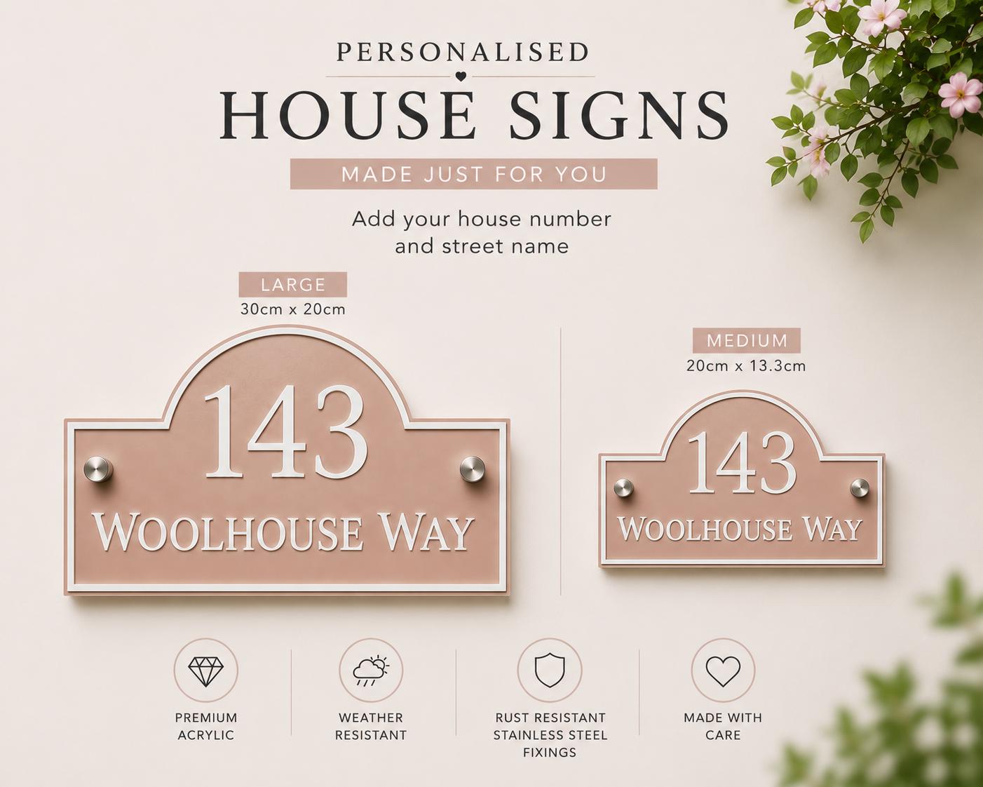 Personalised Rose Petal Pink House Sign | Modern Address Plaque | Door Number Sign | Acrylic House Number | UK Made