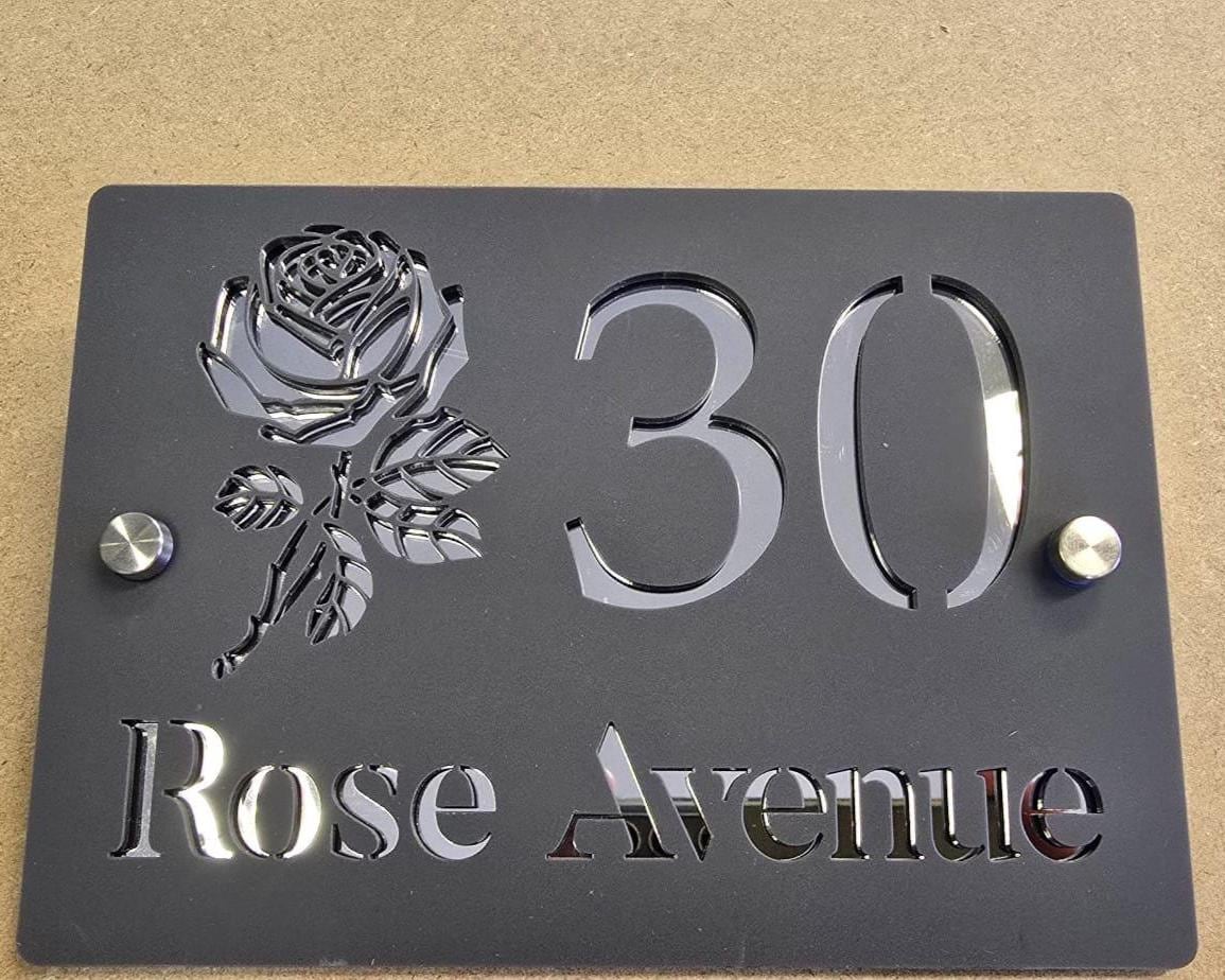 Personalised House Number Sign UK | Mineral Grey & Mirror Silver Acrylic Address Plaque | Modern Door Sign | Custom Rose Design House Sign