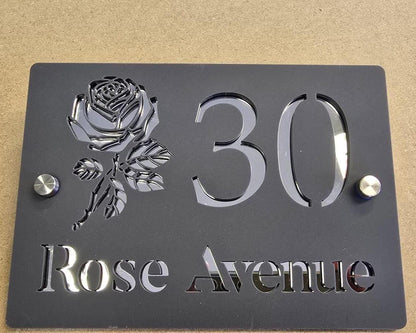 Personalised House Number Sign UK | Mineral Grey & Mirror Silver Acrylic Address Plaque | Modern Door Sign | Custom Rose Design House Sign