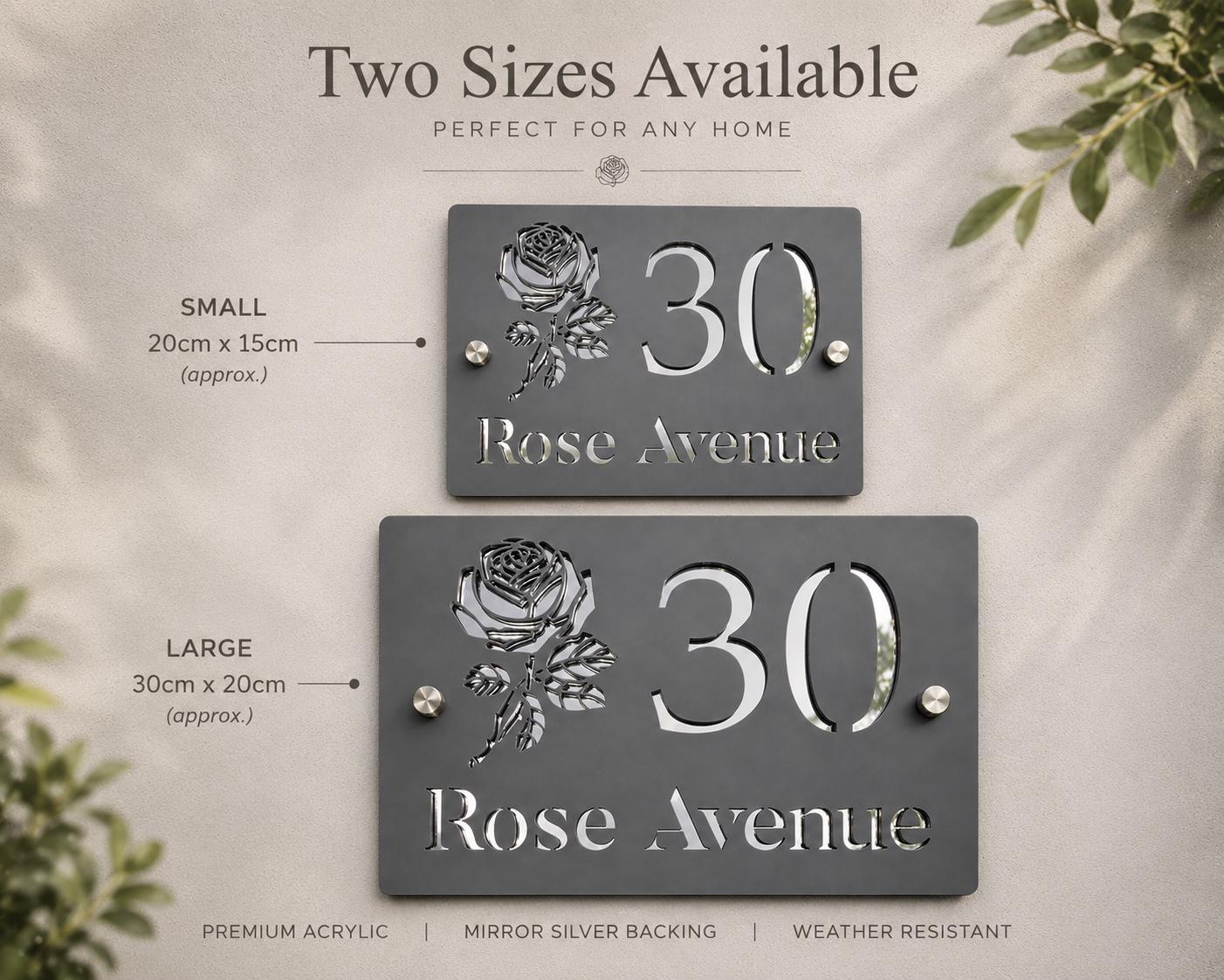 Personalised House Number Sign UK | Mineral Grey & Mirror Silver Acrylic Address Plaque | Modern Door Sign | Custom Rose Design House Sign