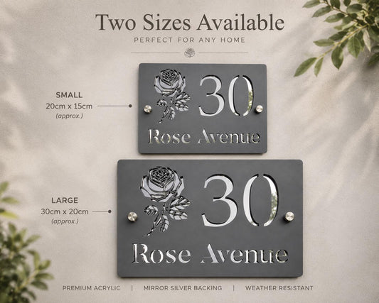 Personalised House Number Sign UK | Mineral Grey & Mirror Silver Acrylic Address Plaque | Modern Door Sign | Custom Rose Design House Sign