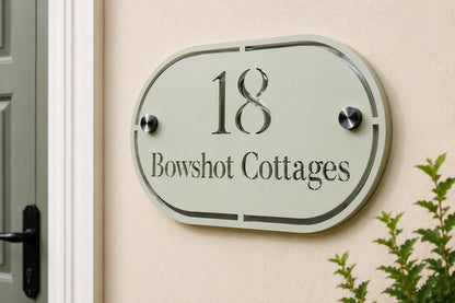Sage Green House Sign Personalised Address Plaque Mirror Silver Door Number Sign Oval House Name Sign UK Standoff Fixings