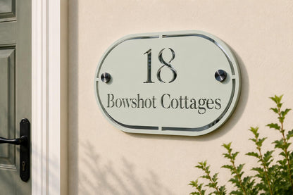 Sage Green House Sign Personalised Address Plaque Mirror Silver Door Number Sign Oval House Name Sign UK Standoff Fixings