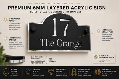 Matt Black & Mirror Silver House Sign Personalised Address Plaque Modern Door Number Sign Outdoor Acrylic House Sign UK