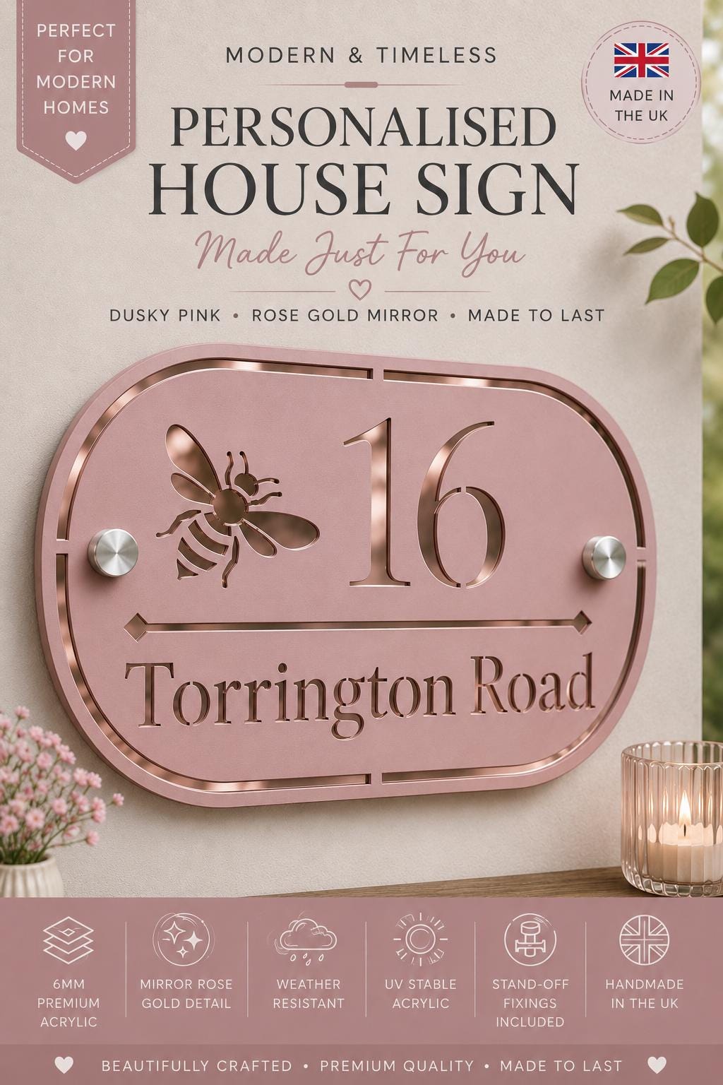 Dusky Pink House Sign Personalised Address Plaque Rose Gold Mirror House Number Sign UK Standoff Fixings