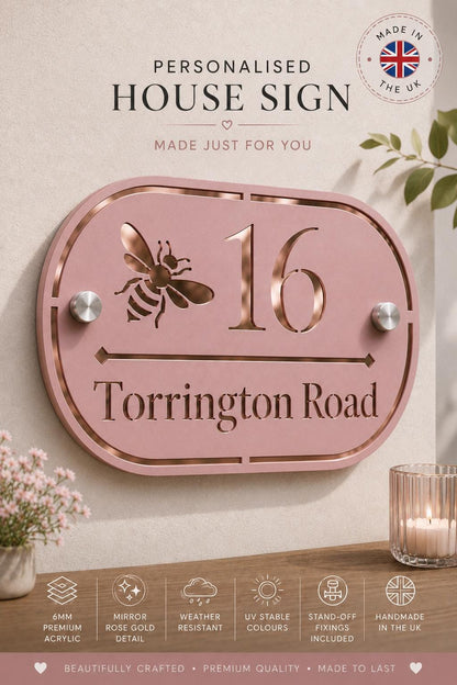 Dusky Pink House Sign Personalised Address Plaque Rose Gold Mirror House Number Sign UK Standoff Fixings
