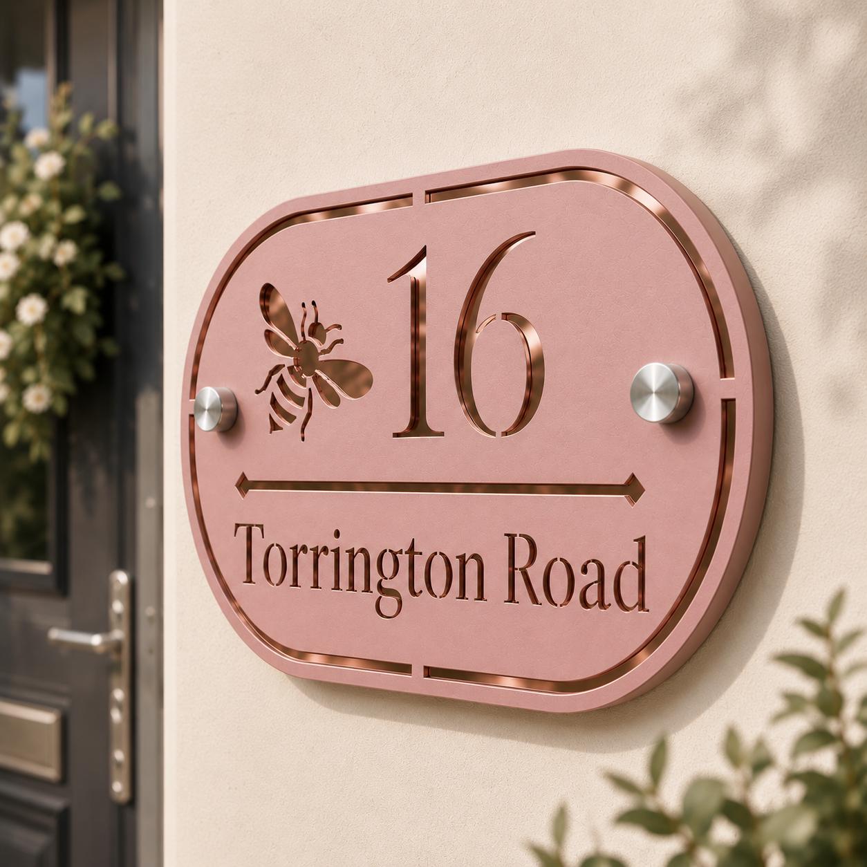 Dusky Pink House Sign Personalised Address Plaque Rose Gold Mirror House Number Sign UK Standoff Fixings