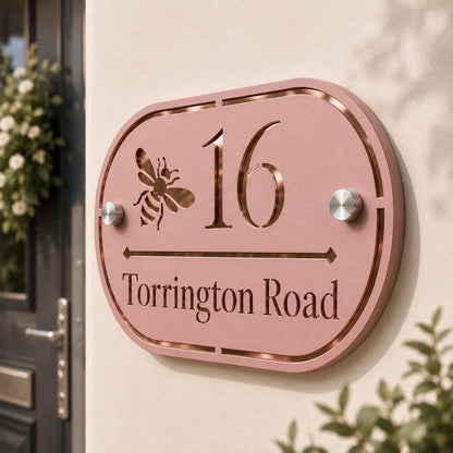 Dusky Pink House Sign Personalised Address Plaque Rose Gold Mirror House Number Sign UK Standoff Fixings