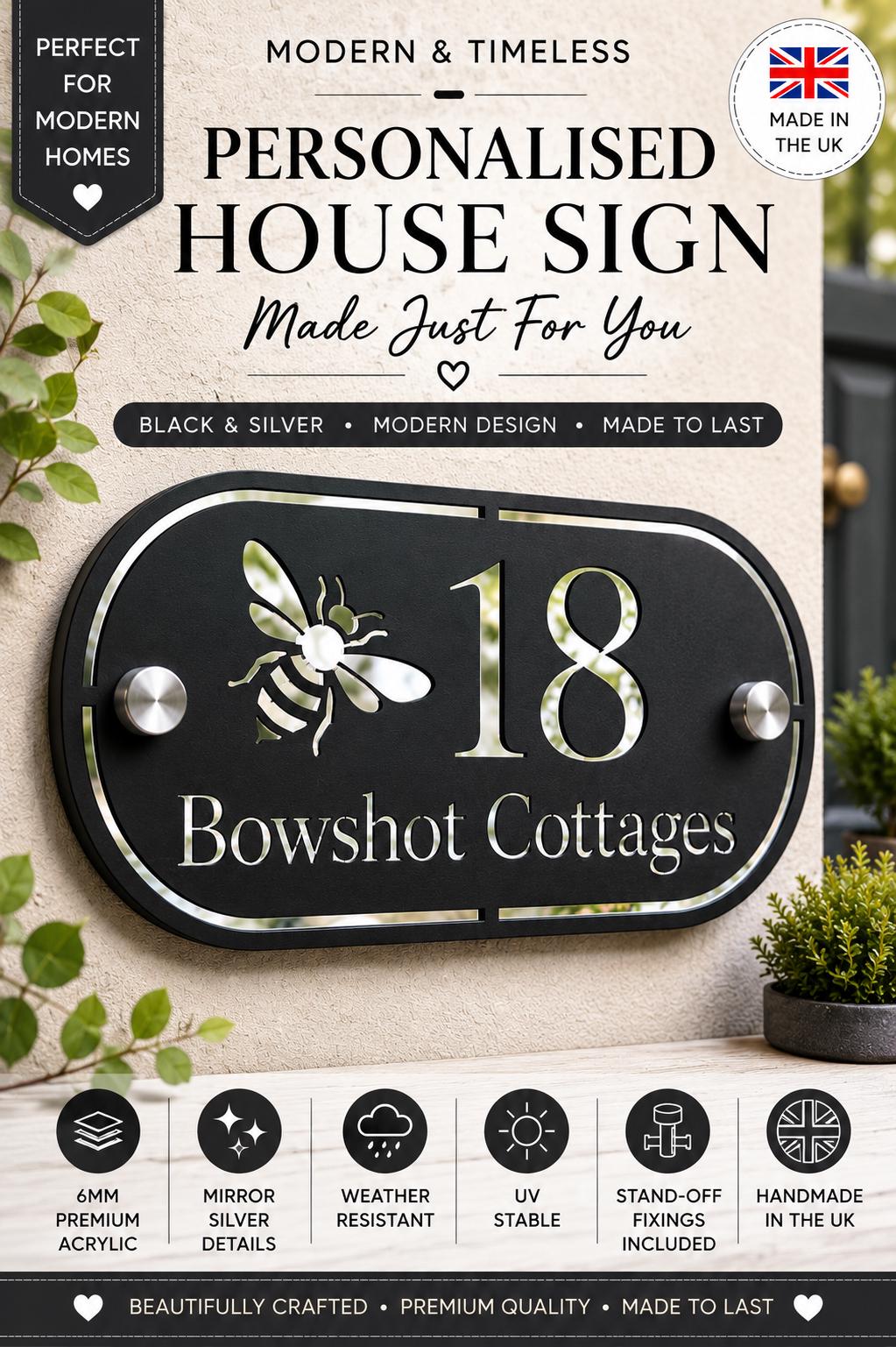 Personalised Black House Sign with Mirror Silver Backing | Modern Address Plaque UK | House Number Sign | Acrylic Door Number Sign