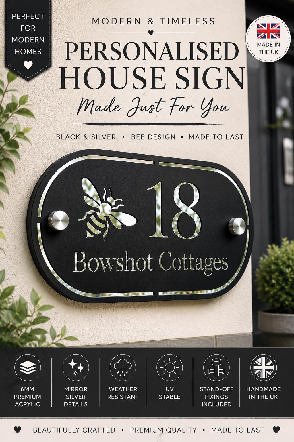 Personalised Black House Sign with Mirror Silver Backing | Modern Address Plaque UK | House Number Sign | Acrylic Door Number Sign