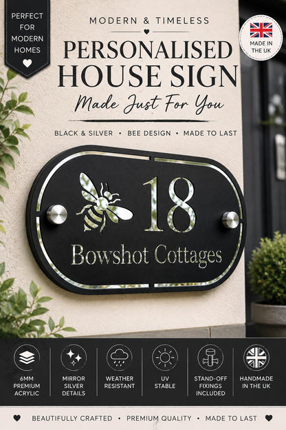 Personalised Black House Sign with Mirror Silver Backing | Modern Address Plaque UK | House Number Sign | Acrylic Door Number Sign