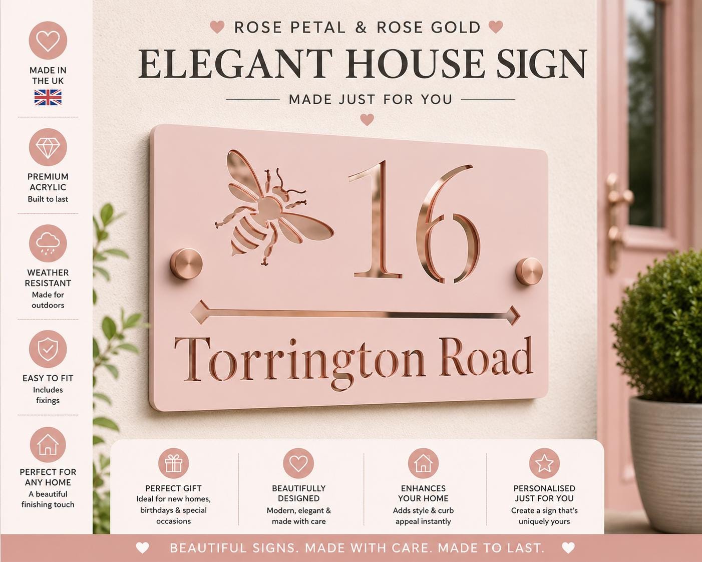 Bee House Sign Rose Petal Pink & Rose Gold Mirror | Personalised Address Plaque | Modern Door Number Sign | Acrylic House Sign UK