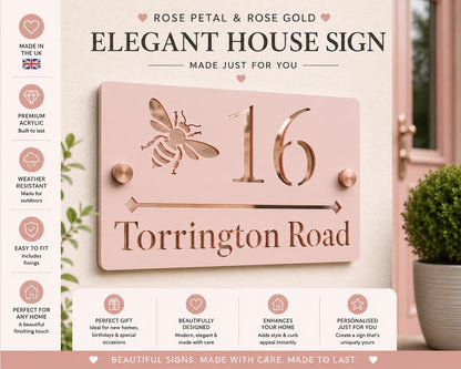 Bee House Sign Rose Petal Pink & Rose Gold Mirror | Personalised Address Plaque | Modern Door Number Sign | Acrylic House Sign UK