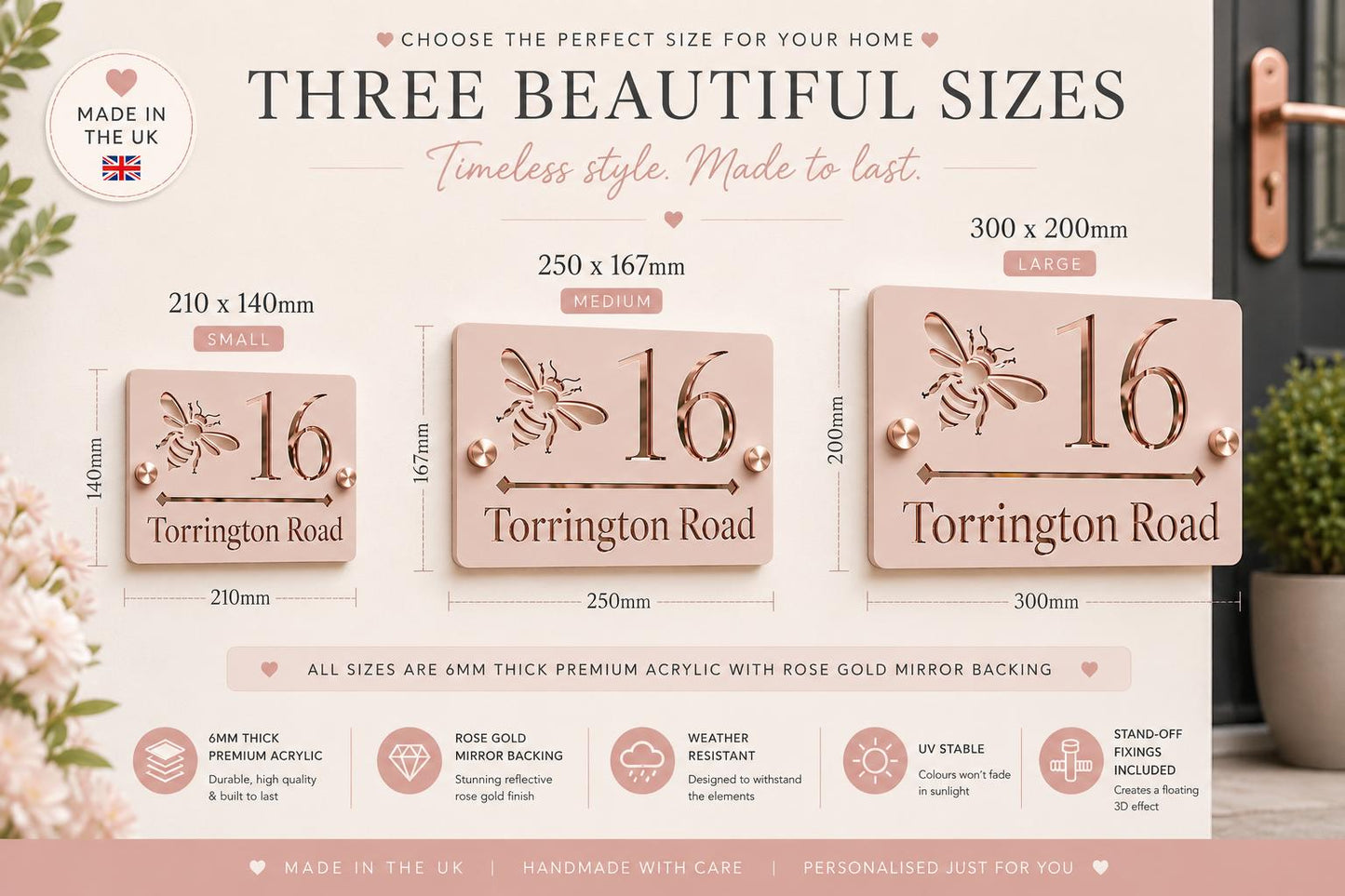 Bee House Sign Rose Petal Pink & Rose Gold Mirror | Personalised Address Plaque | Modern Door Number Sign | Acrylic House Sign UK