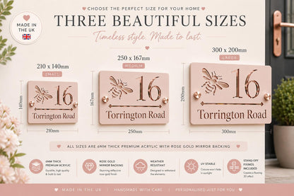 Bee House Sign Rose Petal Pink & Rose Gold Mirror | Personalised Address Plaque | Modern Door Number Sign | Acrylic House Sign UK