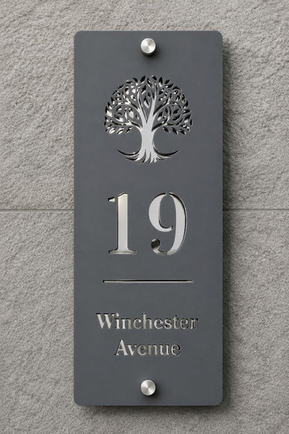 Slim Vertical House Sign Personalised Door Number Sign Modern Acrylic Address Plaque Mineral Grey Mirror Silver House Sign UK