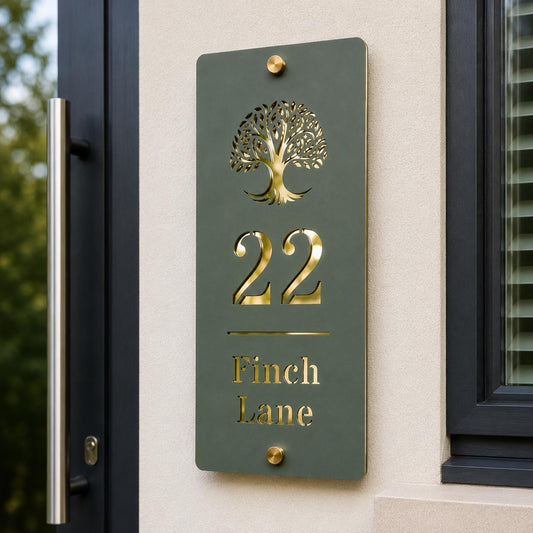 Personalised House Sign Pine Green & Mirror Gold Address Plaque Vertical House Number Sign Modern Acrylic Door Sign UK