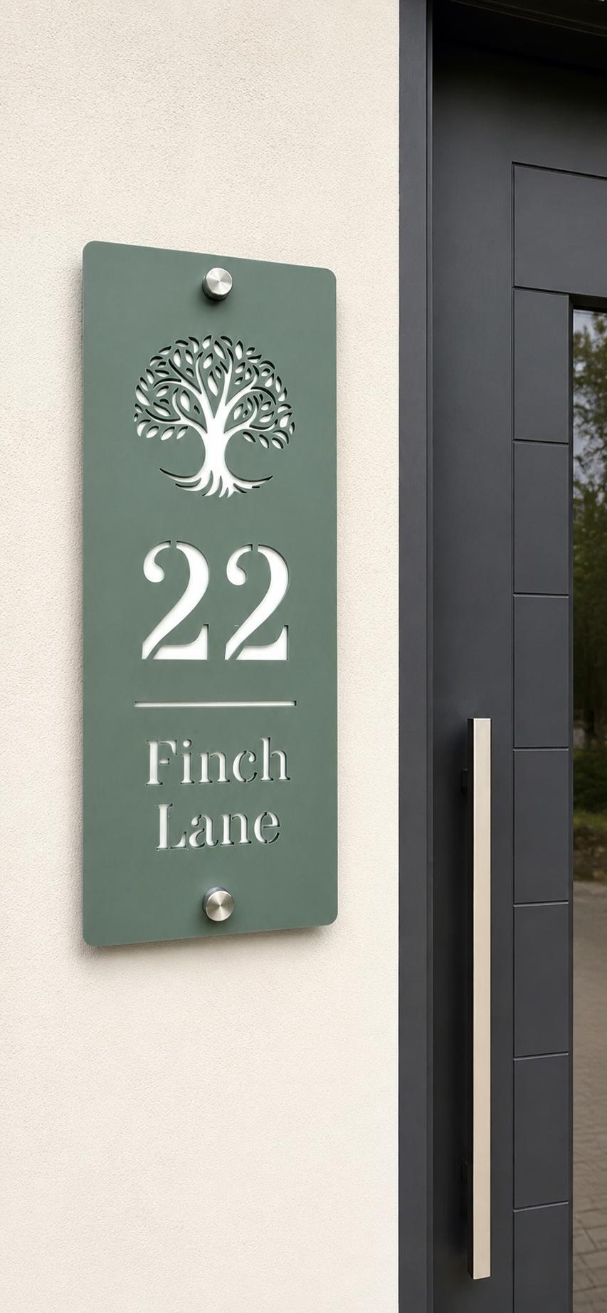 Slim Vertical House Sign Pine Green & White | Personalised House Number Sign | Modern Address Plaque | Outdoor Acrylic Door Sign UK