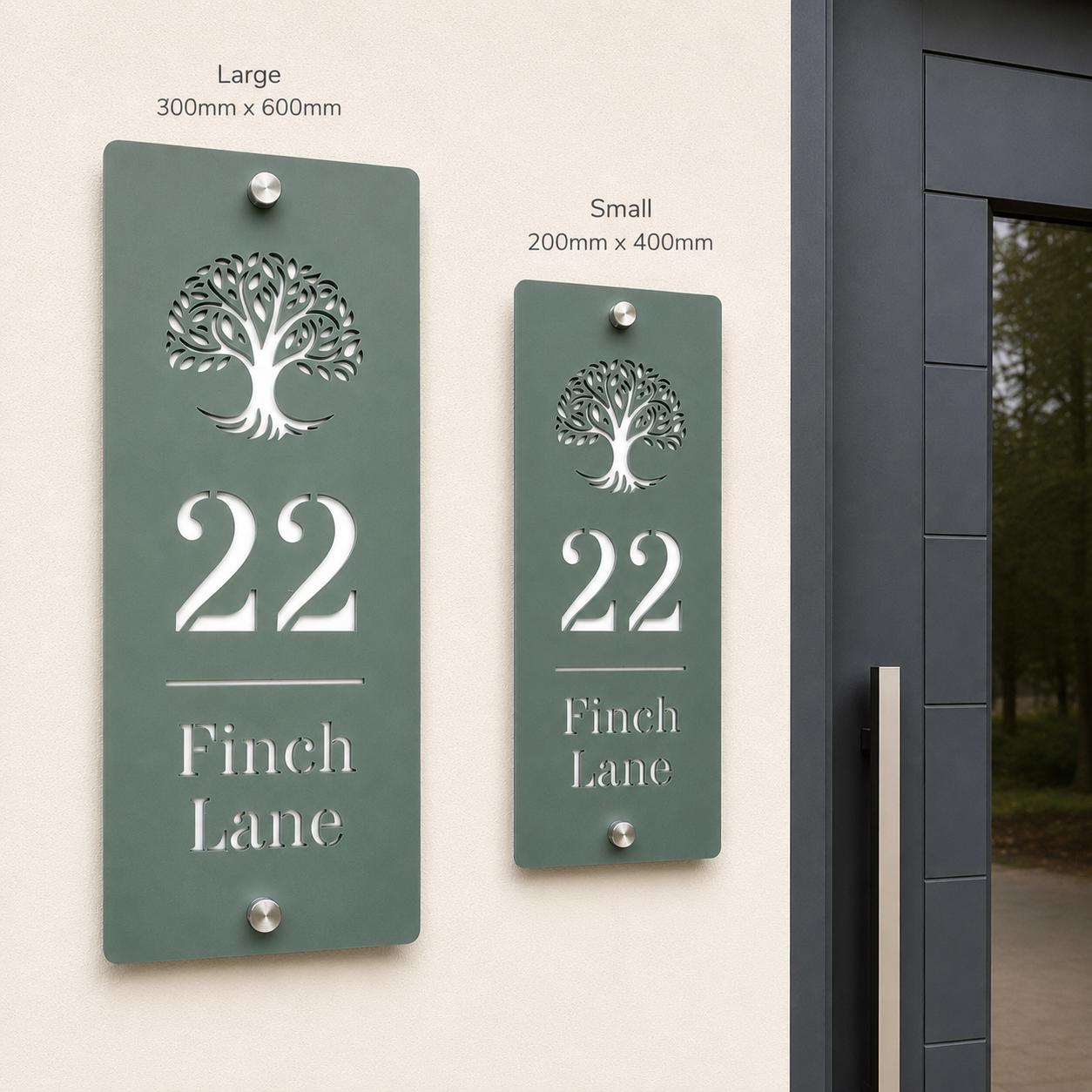 Slim Vertical House Sign Pine Green & White | Personalised House Number Sign | Modern Address Plaque | Outdoor Acrylic Door Sign UK