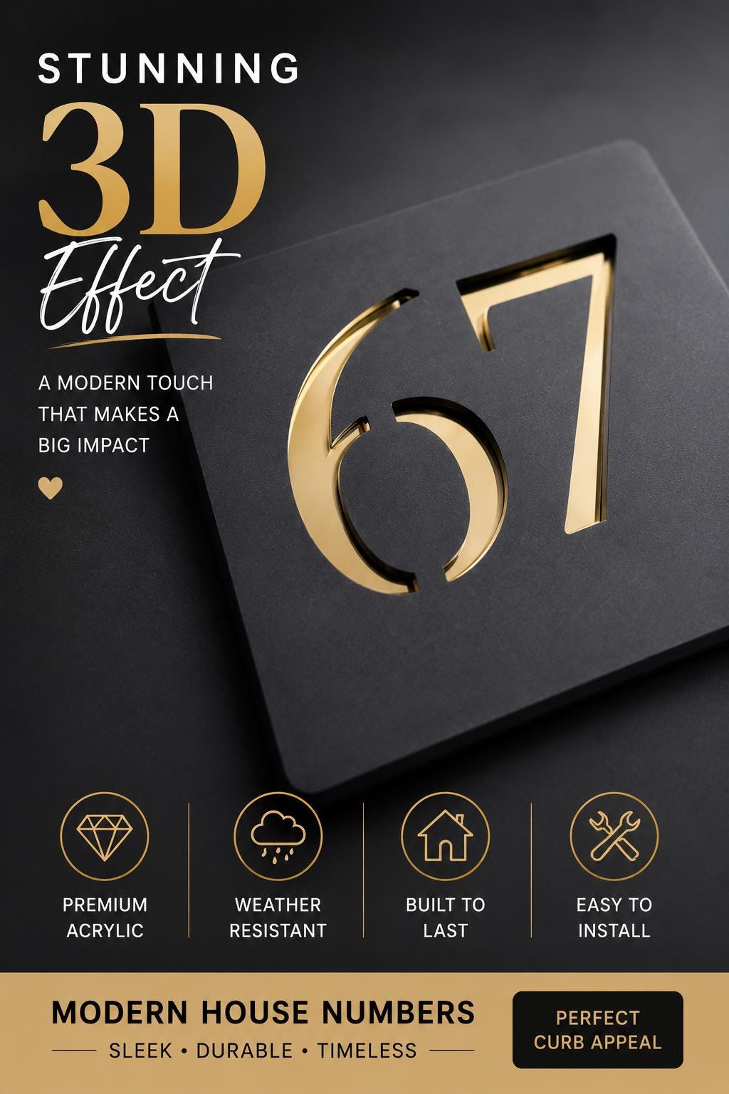 Modern Anthracite House Number Sign | Personalised Door Number Plaque | Gold Mirror Acrylic | Contemporary Address Sign UK | 125mm or 175mm