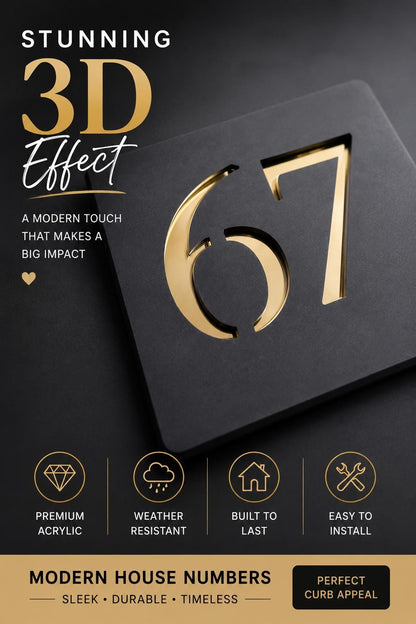 Modern Anthracite House Number Sign | Personalised Door Number Plaque | Gold Mirror Acrylic | Contemporary Address Sign UK | 125mm or 175mm