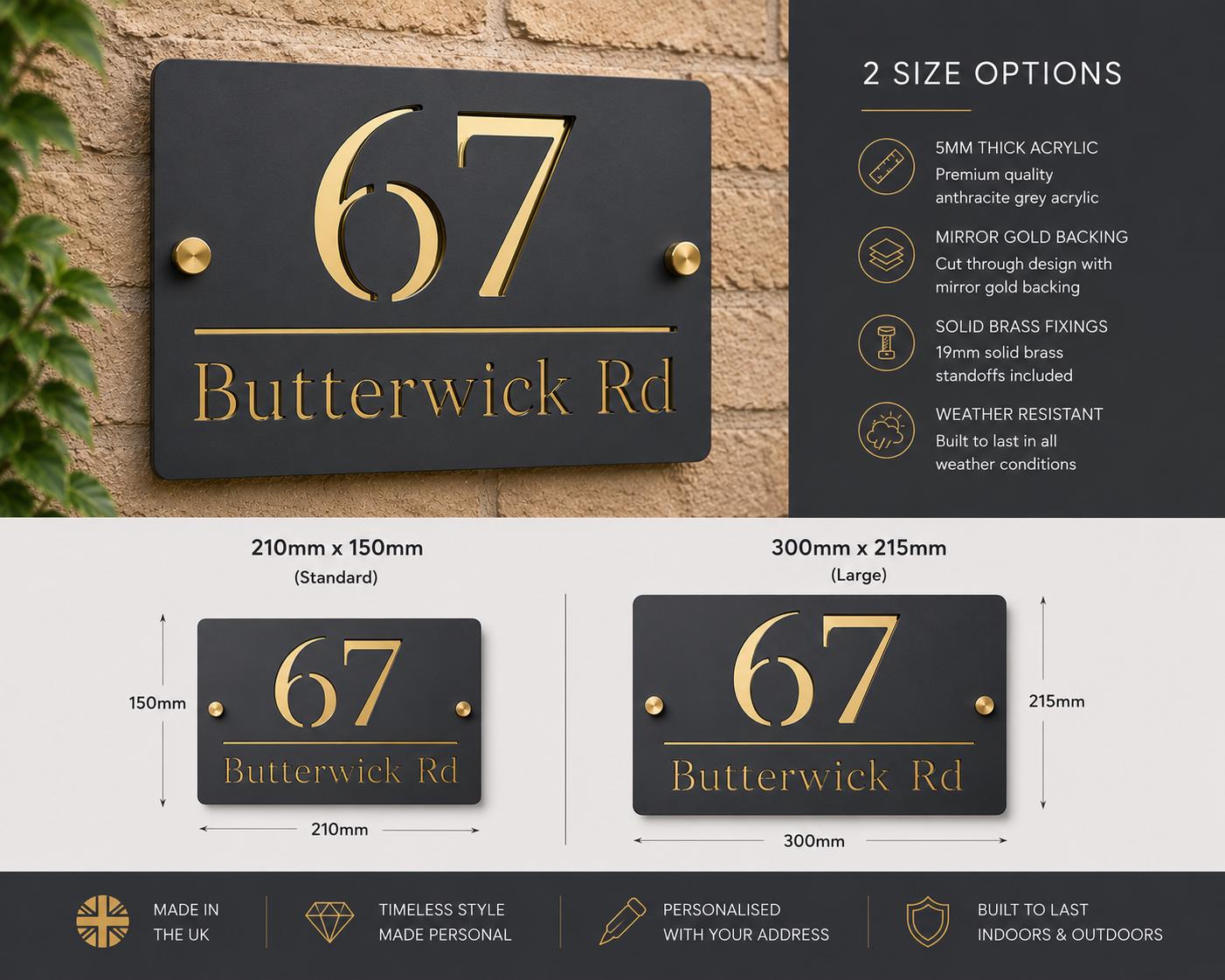 House Number Sign Black & Gold Address Plaque Personalised | Modern Door Number Sign | Matt Black and Mirror Gold Acrylic House Sign UK