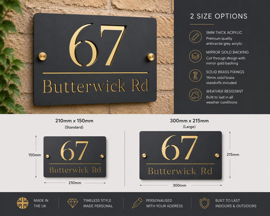 House Number Sign Black & Gold Address Plaque Personalised | Modern Door Number Sign | Matt Black and Mirror Gold Acrylic House Sign UK