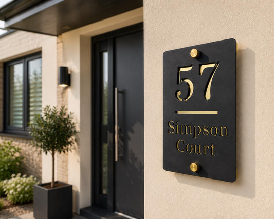 Black & Gold House Sign Personalised Address Plaque Modern Door Number Sign Acrylic House Number Sign UK Outdoor House Plaque